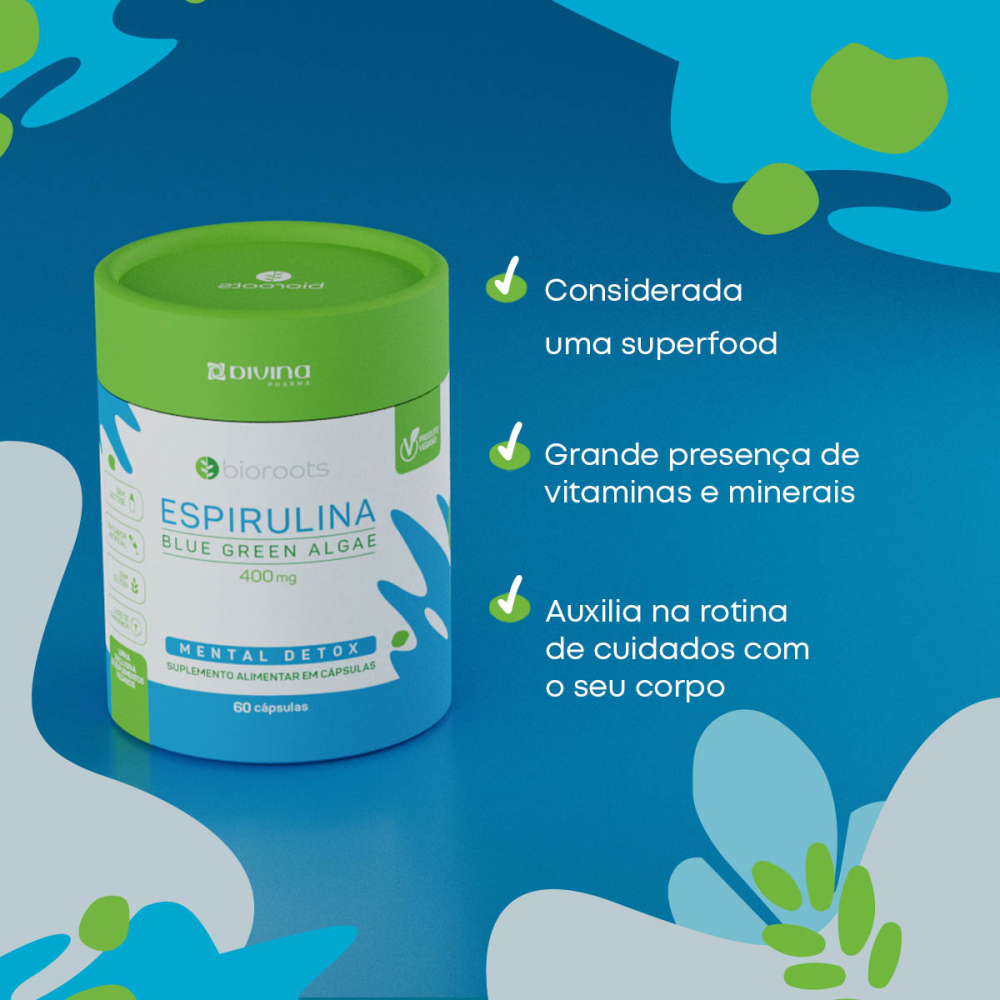 Espirulina Blue Green Algae 400mg com 60 Unidades Bioroots
