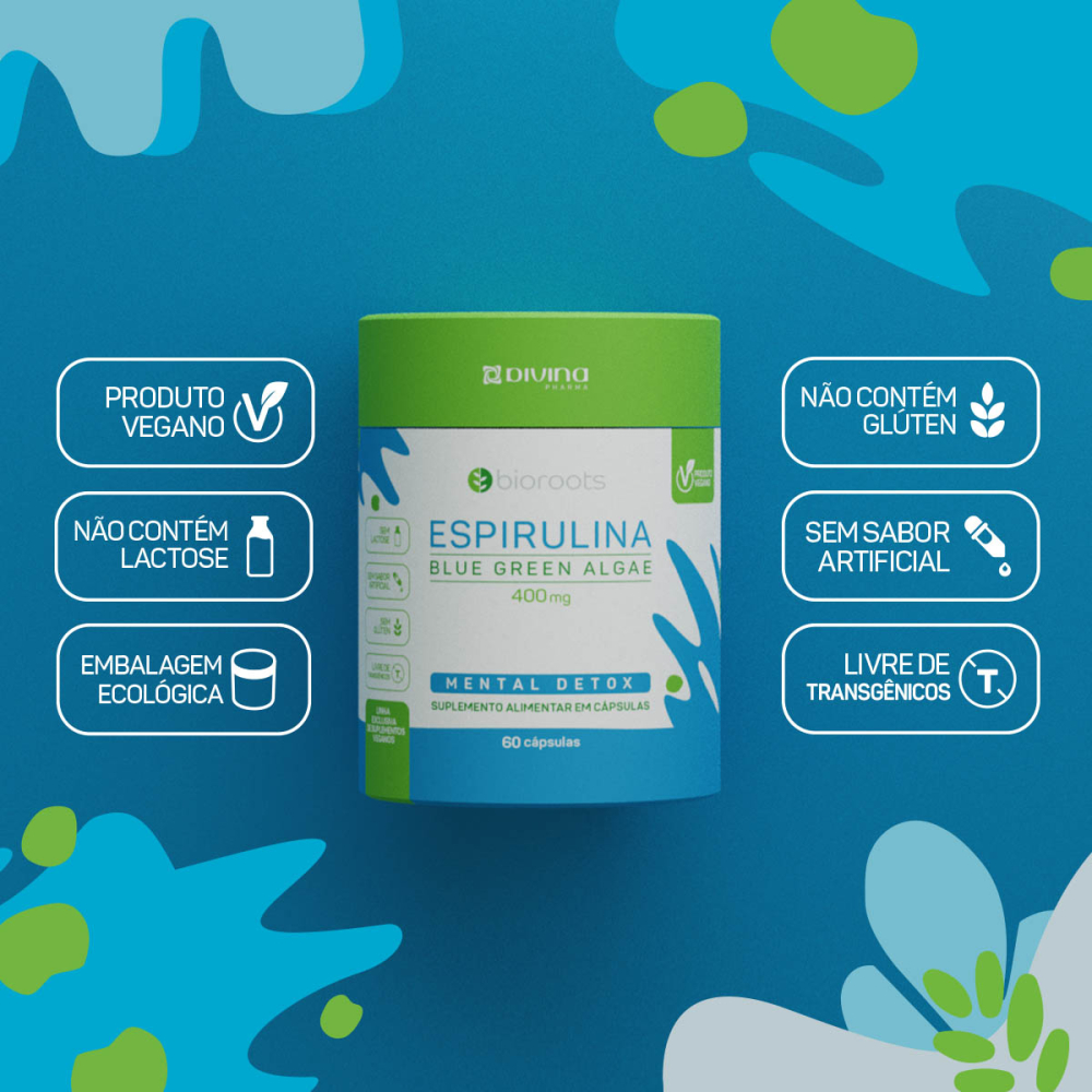 Espirulina Blue Green Algae 400mg com 60 Unidades Bioroots
