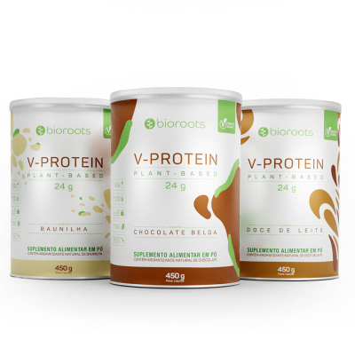 Kit 3 Proteínas V-protein Plant Based Chocolate Belga, Doce de Leite e Baunilha 450g - Bioroots