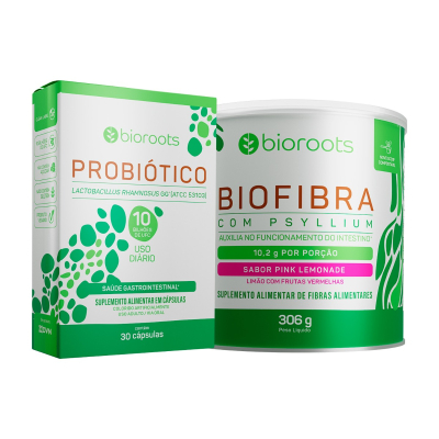 Combo Rotina Intestinal - Probiótico 10 Bilhões de UFC Com 30 Cápsulas + Biofibra 306 g Sabor Frutas Vermelhas e Limão - Bioroots