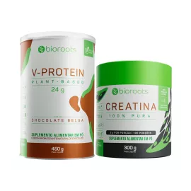 Combo Força & Recuperação - Creatina 100% Pura 300g + Proteína V-protein Plant Based Chocolate Belga 450g - Bioroots
