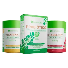 Combo Equilíbio Feminino - Cranberry Pacran 500mg com 60 Cápsulas + Vitamina D 2000UI com 30 Cápsulas + Probiótico 10 Bilhões de UFC Com 30 Cápsulas - Bioroots
