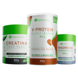 Combo Rotina de Performance - Creatina 100% Pura 300g  + Magnésio Malato Vegan 650 mg com 60 cápsulas + Proteína V-protein Plant Based Chocolate Belga 450g - Bioroots